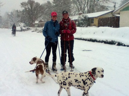 Skiing on a rare snow day in Eugene
