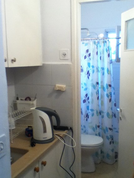 A sink and drying rack in the hallway, a shower-toilet in the tiny bathroom.